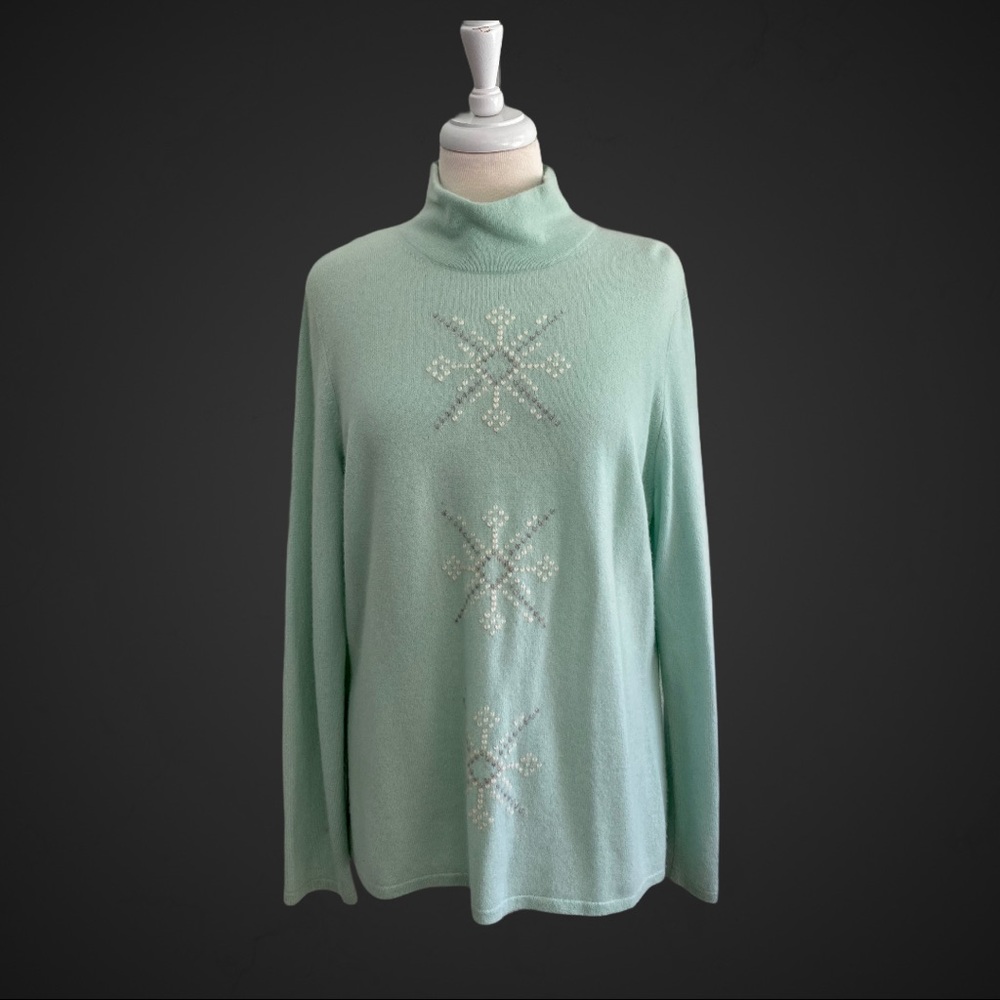 Land's End Aqua 100% Cashmere Snowflake Sweater XL